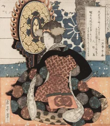 Eine Frau spielt eine große hängende Trommel (tsuridaiko) Ein Satz von fünf Drucken für die Hisakataya-Dichtung